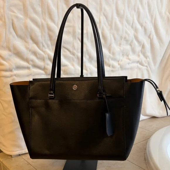 Tory Burch Large Black Leather Tote | Classic Medallion Logo | Everyday Carryall - Picture 1 of 4